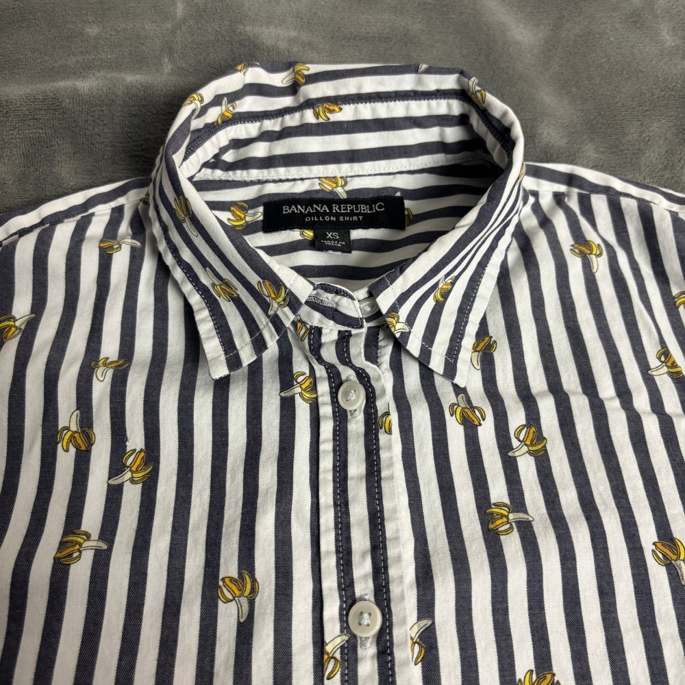 Banana Republic Dillon Shirt Womens XS Navy White Striped Banana Print Button Up